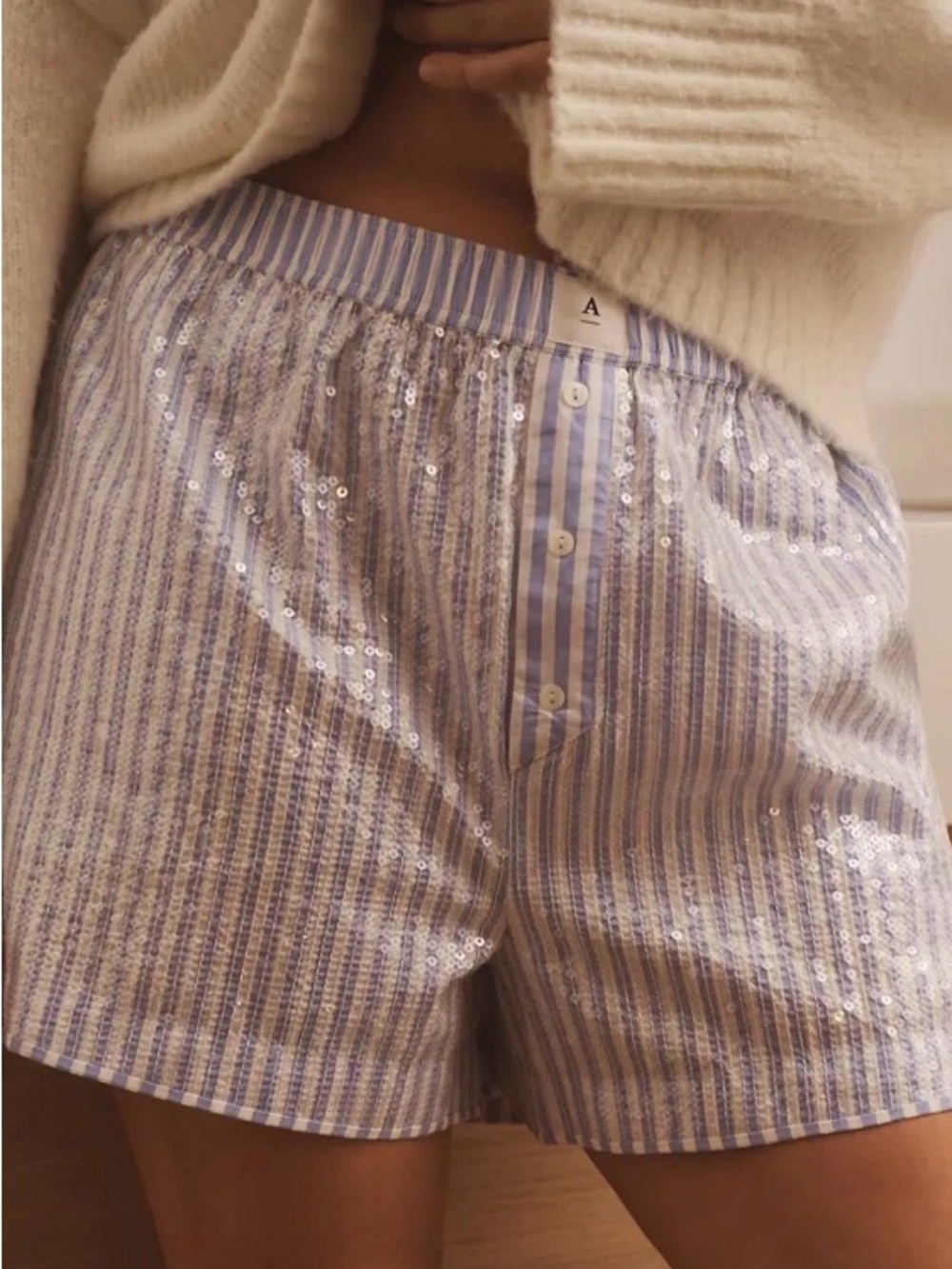 Anthropologie Blue and White Striped sequin boxer style shorts - Picture 2 of 7
